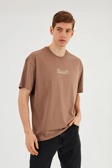Leo Erkek Oversize Tshirt %100 Pamuk Bisiklet Yaka Baskı Detaylı Basic Vizon Tişört ürün görseli 1