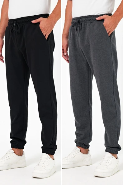 Kalın Siyah-Antrasit Erkek 2'li Eşofman Altı Jogger Arka Cepli Lastik Paça Regular Fit Şardonsuz ürün görseli 1