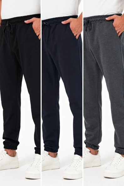Kalın Siyah-Lacivert-Antrasit Erkek 3'lü Eşofman Altı Jogger Arka Cepli Lastik Paça Regular Fit Şardonsuz ürün görseli 1