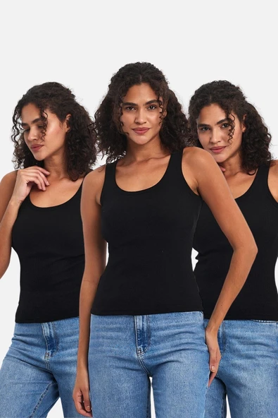 Fitilli Siyah Crop Havuz Yaka Sıfır Kol Pamuklu 3'lü Kadın Atlet ürün görseli 1