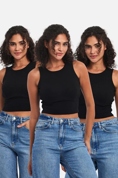 Fitilli Siyah Crop Havuz Yaka Sıfır Kol Pamuklu 3'lü Kadın Atlet ürün görseli 1