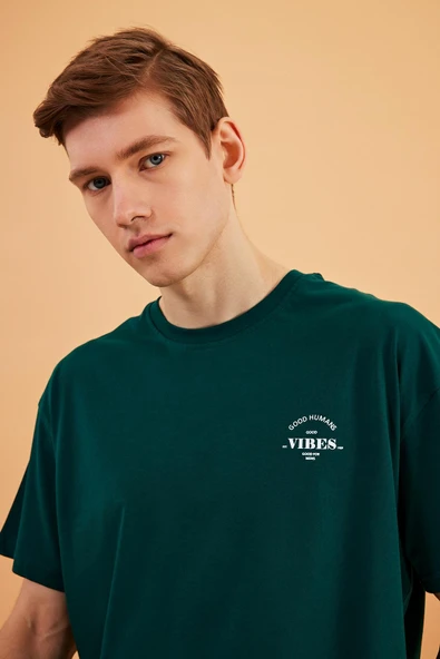 Leo Erkek Oversize Tshirt %100 Pamuk Bisiklet Yaka Baskı Detaylı Basic Yeşil Tişört ürün görseli 1