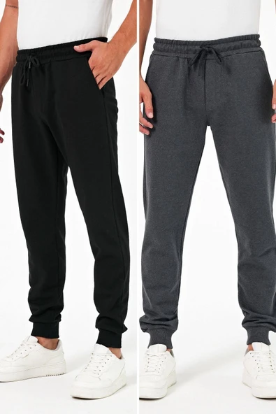 Kalın Siyah-Antrasit Erkek 2'li Eşofman Altı Jogger Arka Cepli Paça Lastikli Regular Fit Şardonsuz ürün görseli 1