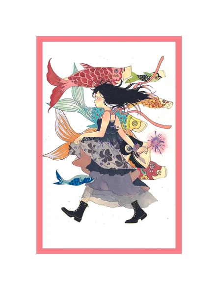 Japon Sanat Tarzı Renkli Balık ve Kız İllüstrasyonu   Dekoratif Kartpostal & Hediye Not Kartı 10x15 ürün görseli 1