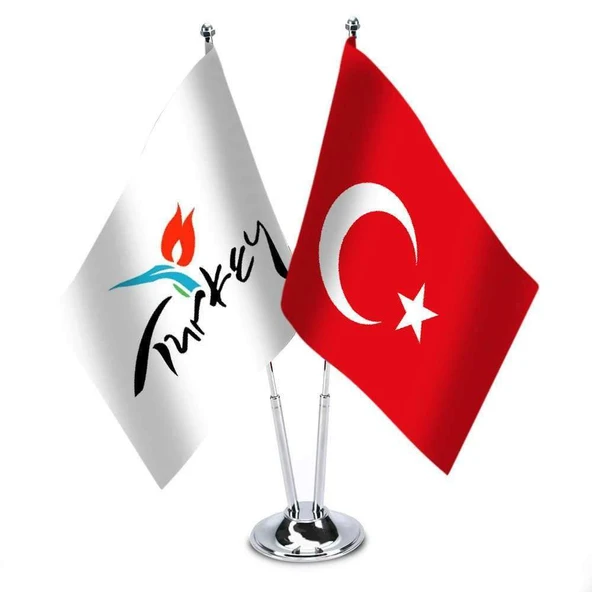Türkiye - Turkey Logolu İkili Saten Masa Bayrağı ürün görseli 1