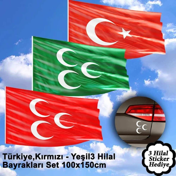 Türkiye, Kırmızı, Yeşil 3 Hilal Raşel Bayrak Set -100x150 cm Hediye Sticker ürün görseli 1
