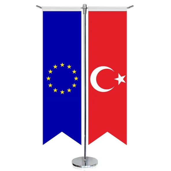 Avrupa Birliği Bayrağı ve Türkiye - Kırlangıç - Saten T direk 2li Masa Bayrağı ürün görseli 1