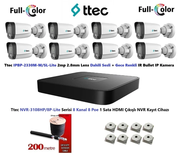 Ttec 2mp Dahili Sesli Ve Gece Renkli 8 Kameralı Tak Çalıştır Hazır IP Kamera Seti Disk Yoktur ürün görseli 1