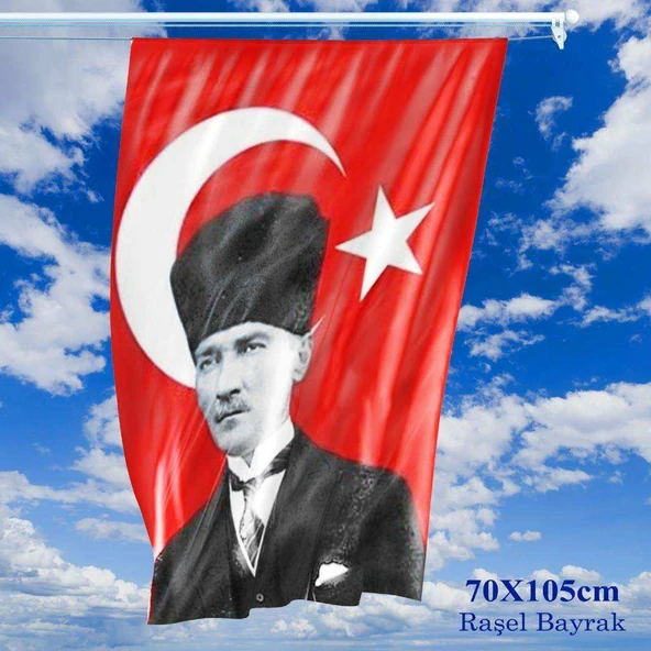 70x105 cm Raşel Kumaş T.C. Kalpaklı Atatürk Fotoğraflı Türkiye Bayrağı - Bayrak ürün görseli 1