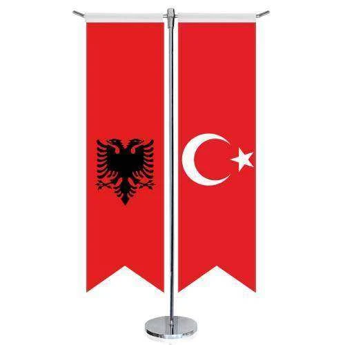 Arnavutluk Bayrağı -Çift Başlı Kartal ve Türkiye -Saten T direk 2li Masa Bayrağı ürün görseli 1