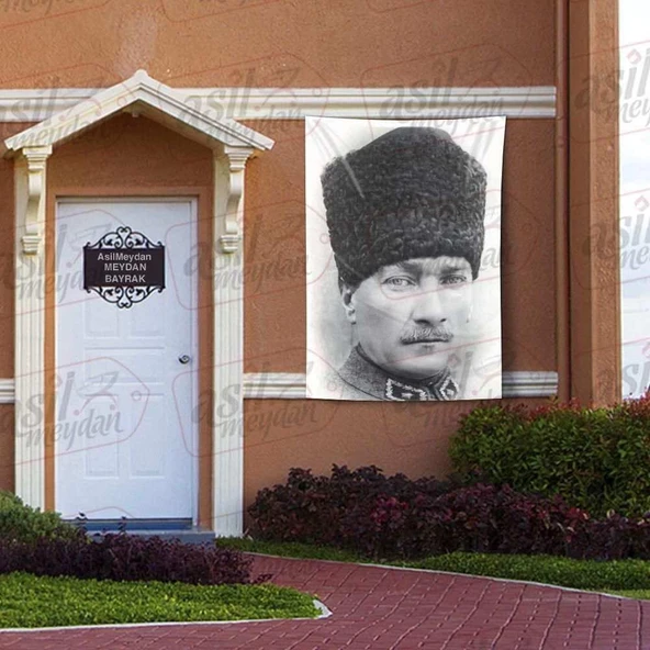 Kalpaklı Gazi Mustafa Kemal Atatürk - Siyah Beyaz Portre - Poster Bayrak 100x150 cm ürün görseli 1