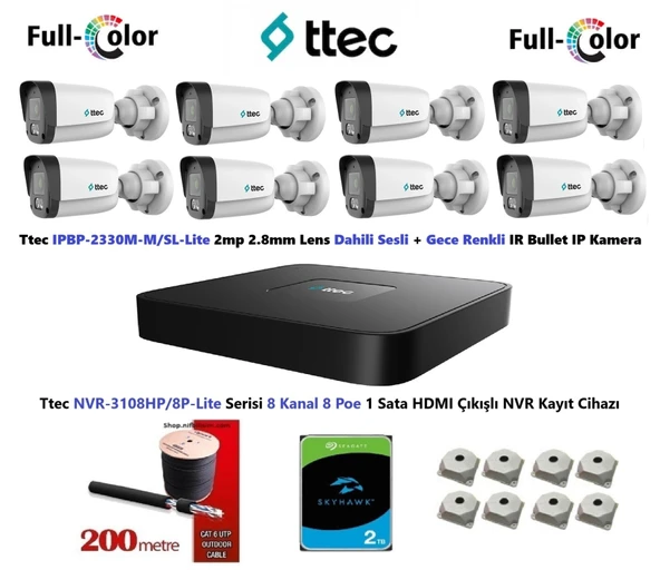 Ttec 2mp Dahili Sesli Ve Gece Renkli 8 Kameralı 2TB Disk Tak Çalıştır Hazır IP Kamera Seti ürün görseli 1
