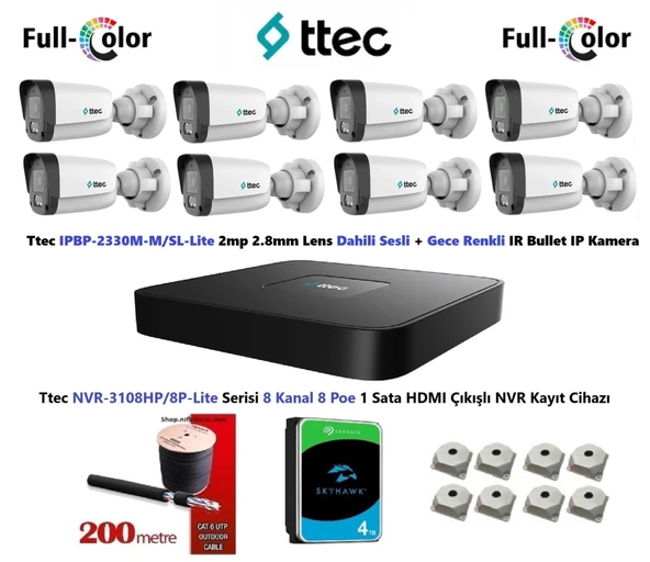 Ttec 2mp Dahili Sesli Ve Gece Renkli 8 Kameralı 4TB Disk Tak Çalıştır Hazır IP Kamera Seti ürün görseli 1