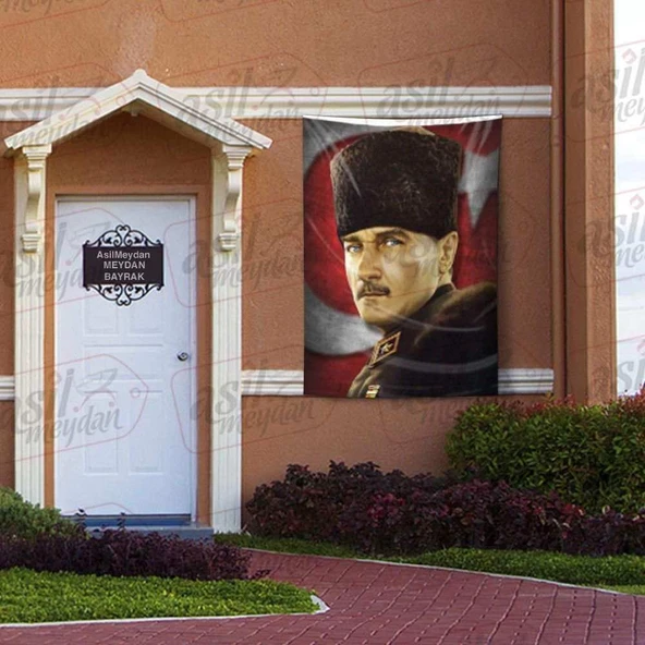 Mavi Gözlü Kalpaklı Gazi Mustafa Kemal Atatürk - Ay Yıldız Türk Bayrağı Poster Bayrak 100x150 cm ürün görseli 1