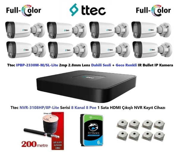 Ttec 2mp Dahili Sesli Ve Gece Renkli 8 Kameralı 6TB Disk Tak Çalıştır Hazır IP Kamera Seti ürün görseli 1