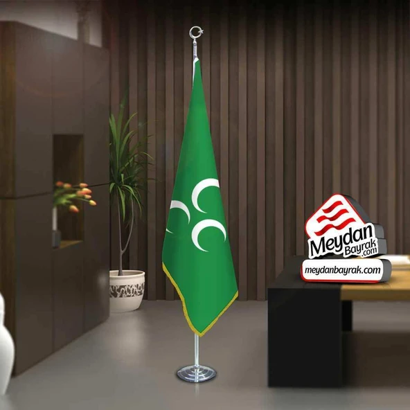 Yeşil Üç Hilal Sancak Bayrak -Ofis -Makam-Toplantı Odaları -Direkli -Saçaklı Makam Bayrağı ürün görseli 1