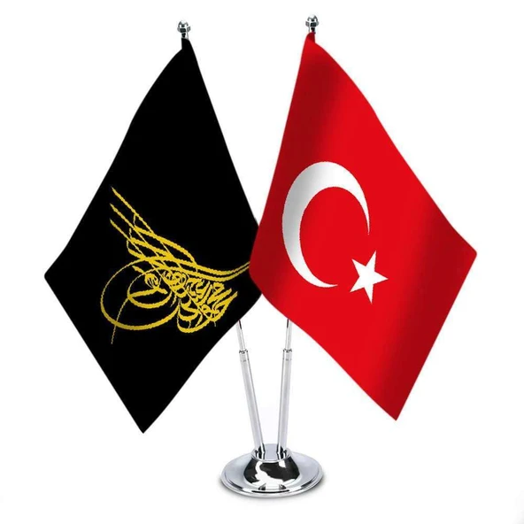 Siyah Osmanlı Tuğrası-Türkiye Saten Masa Bayrağı ürün görseli 1