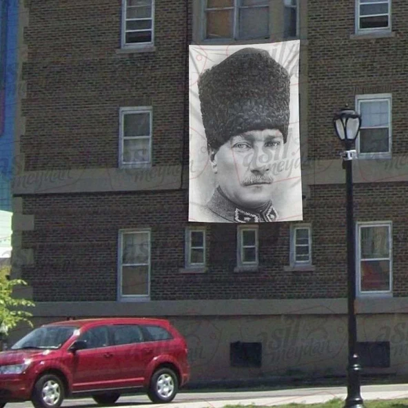 Kalpaklı Gazi Mustafa Kemal Atatürk - Siyah Beyaz Poster Cephe Bayrak - 300x450cm ürün görseli 1
