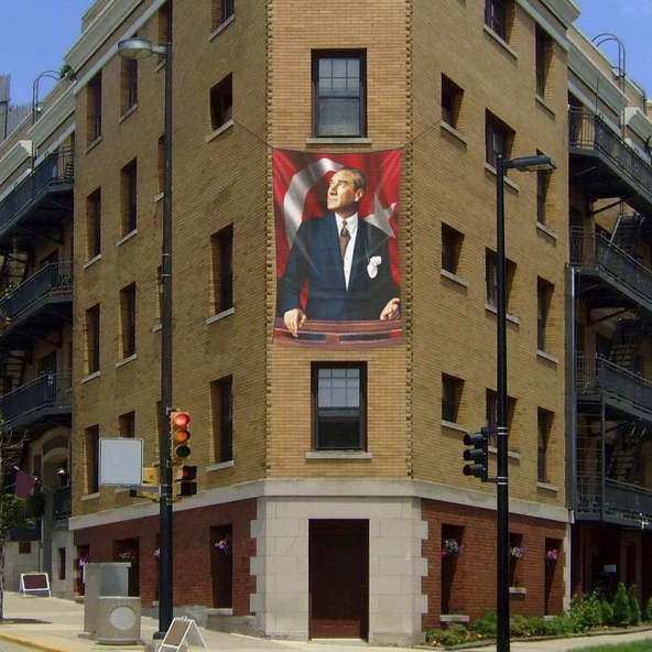 Göğe Bakan-Ay Yıldız- Mustafa Kemal Atatürk -Okul -Kutlama - Anı- Poster - Cephe Bayrak - 2x3 Metre ürün görseli 1