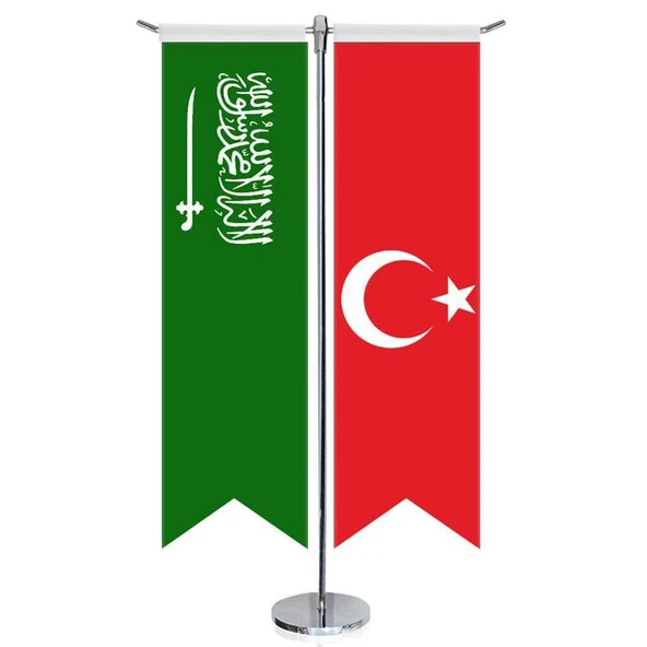 Suudi Arabistan Krallığı Bayrağı ve Türkiye - Kırlangıç - Saten T direk 2li Masa Bayrağı ürün görseli 1