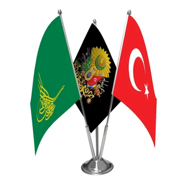 Yeşil Tuğra - Osmanlı Arması ve Türkiye - Üçlü Saten Masa Bayrağı Set ürün görseli 1