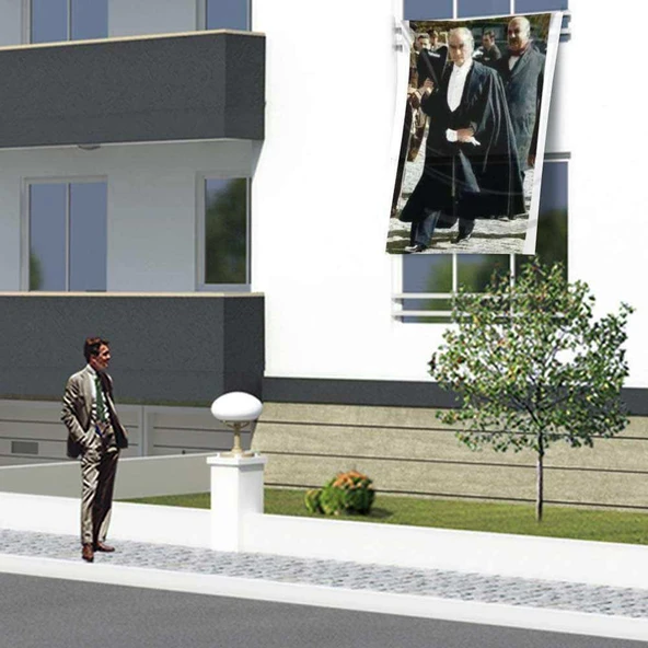 Pelerinli Mustafa Kemal Atatürk Poster Cephe Bayrağı-1,5x2,25 metre ürün görseli 1