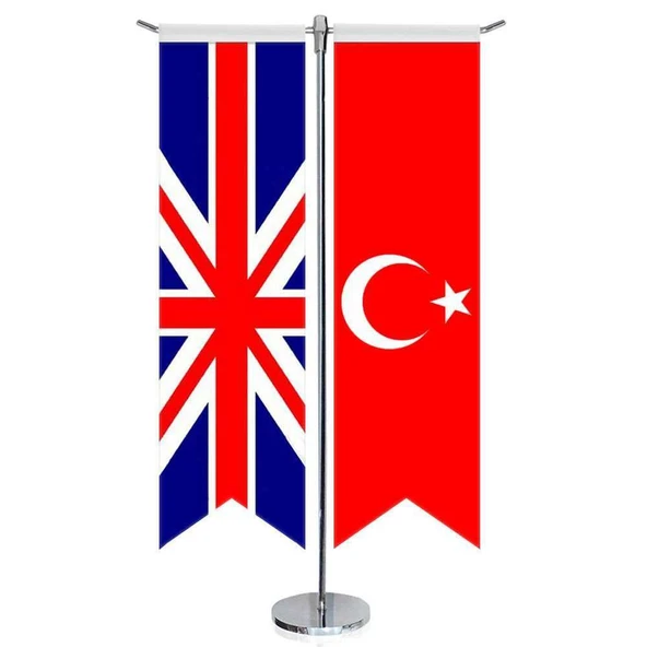 ingiltere Birleşik Krallığı ve Türkiye Bayrağı - Kırlangıç - Saten T direk 2li Masa Bayrağı ürün görseli 1