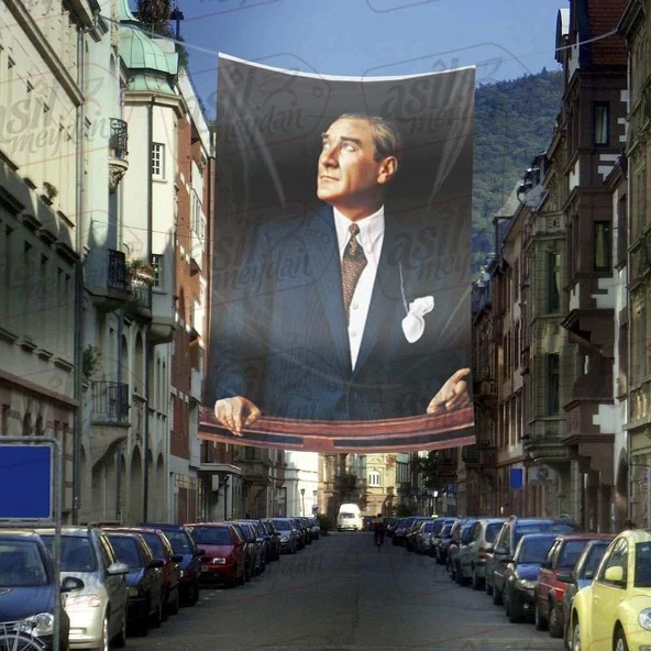 Takım Elbiseli Sivil Göğe Bakan Gazi Mustafa Kemal Atatürk - Portre Cephe Poster Bayrak-4X6 metre ürün görseli 1