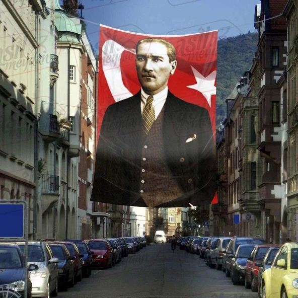 Takım Elbiseli Sivil Gazi Mustafa Kemal Atatürk -Ay Yıldız - Portre Cephe Poster Bayrak-4X6 metre ürün görseli 1