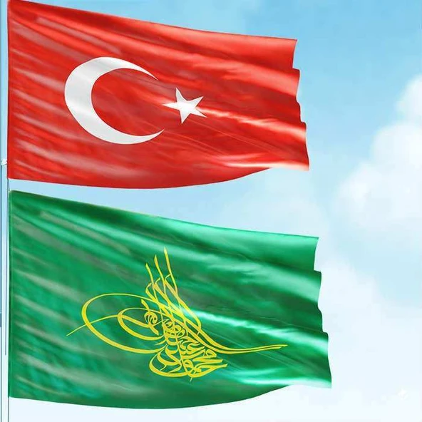 70x105cm Alpaka Kumaş Türk Bayrağı , 100x150 cm Raşel Kumaş Osmanlı Tuğrası Bayrağı - 2 Bayrak Set ürün görseli 1