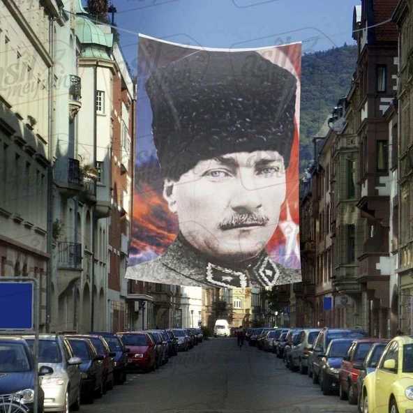 Kalpaklı Gazi Mustafa Kemal Atatürk - Ay Yıldız Türk Bayrağı Cephe Poster Bayrak -4X6 metre ürün görseli 1