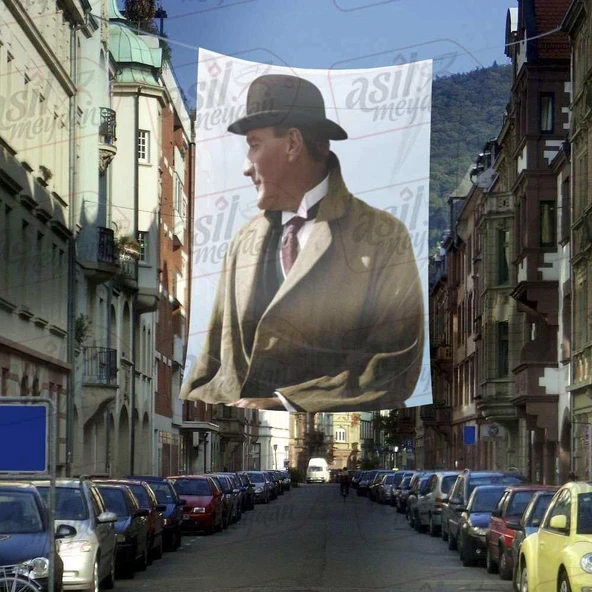 Şapka- Palto - Modern Sivil Gazi Mustafa Kemal Atatürk - Portre Cephe Poster Bayrak-4X6 metre ürün görseli 1