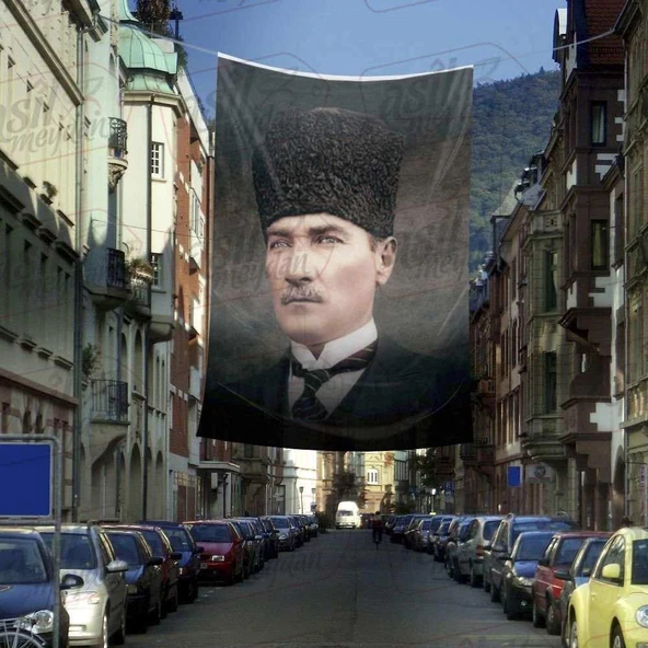 Sivil Kaplaklı Gazi Mustafa Kemal Atatürk - Portre Cephe Poster Bayrak-4X6 metre ürün görseli 1