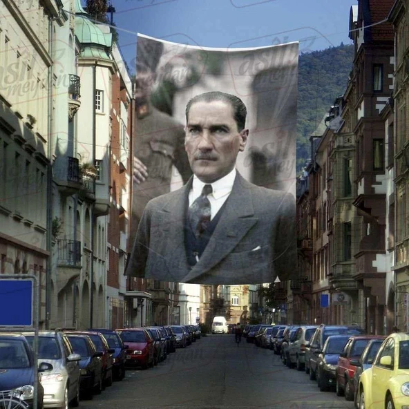 Gazi Mustafa Kemal Atatürk - Şık Takım Elbiseli - Modern Atatürk Cephe Poster Bayrak -4X6 metre ürün görseli 1