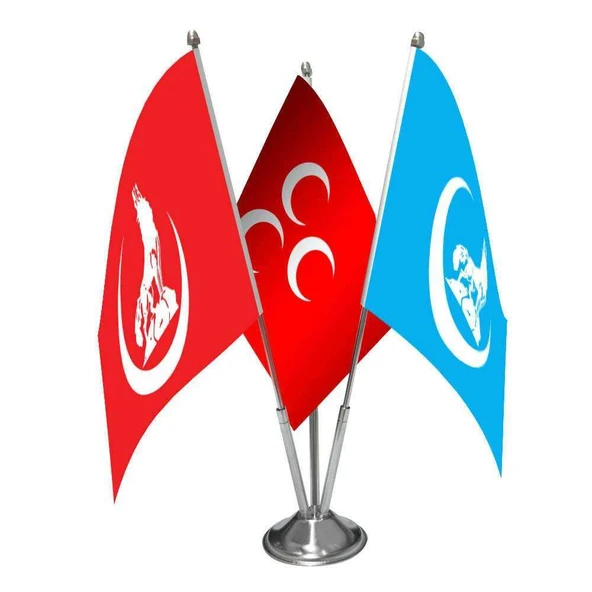 Kırmızı Ülkü Ocakları - Kırmızı Üç Hilal - Mavi Ülkü Ocakları - Üçlü Saten Masa Bayrağı Set ürün görseli 1