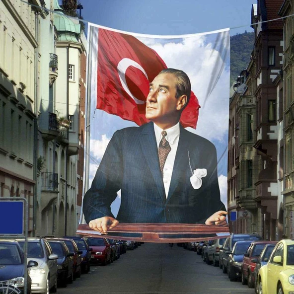 Ay Yıldızlı Sivil Mustafa Kemal Atatürk - Portre Cephe Poster Bayrak-Okul - Kutlama - Anı -6x9 metre ürün görseli 1