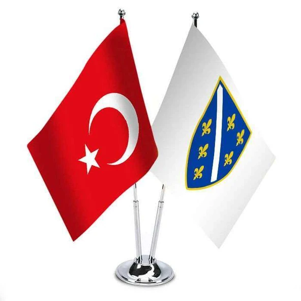Bosna Hersek (1992-1998) Bayrağı ve Türkiye -Kırlangıç - Saten T direk 2li Masa Bayrağı ürün görseli 1