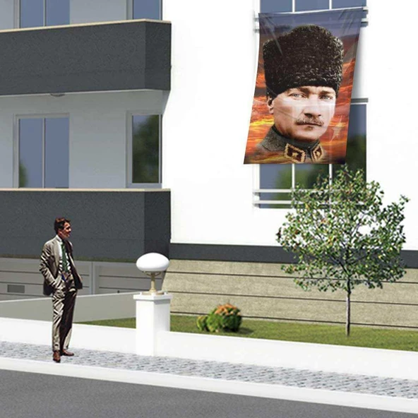 Kalpaklı Atatürk Poster Cephe Bayrağı -Bayrak - 1,5x2,25 metre ürün görseli 1