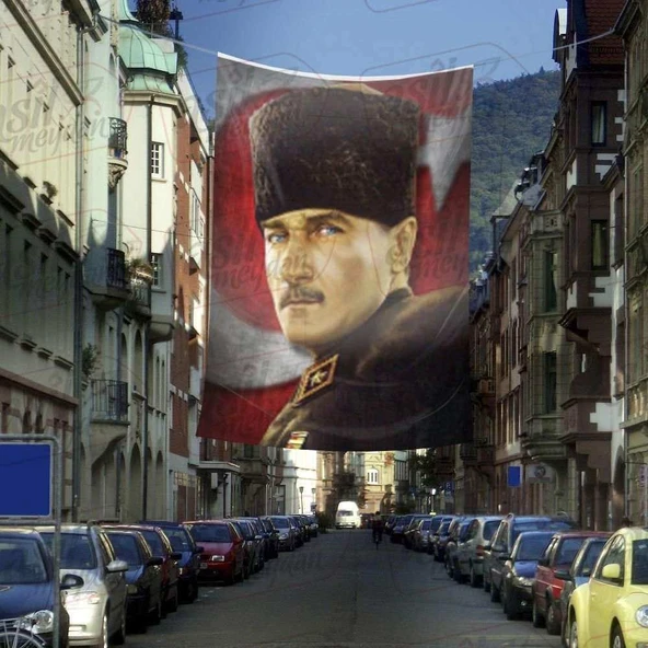 Mavi Gözlü Kalpaklı Gazi Mustafa Kemal Atatürk -Ay Yıldız Türk Bayrağı Cephe Poster Bayrak-4X6 metre ürün görseli 1