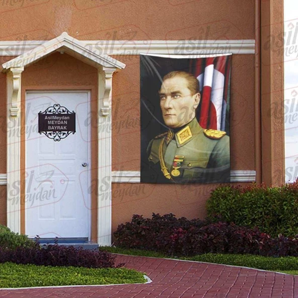 Madalyalı Askeri Üniformalı Gazi Mustafa Kemal Atatürk -Ay Yıldızlı Poster Bayrak 100x150 cm ürün görseli 1