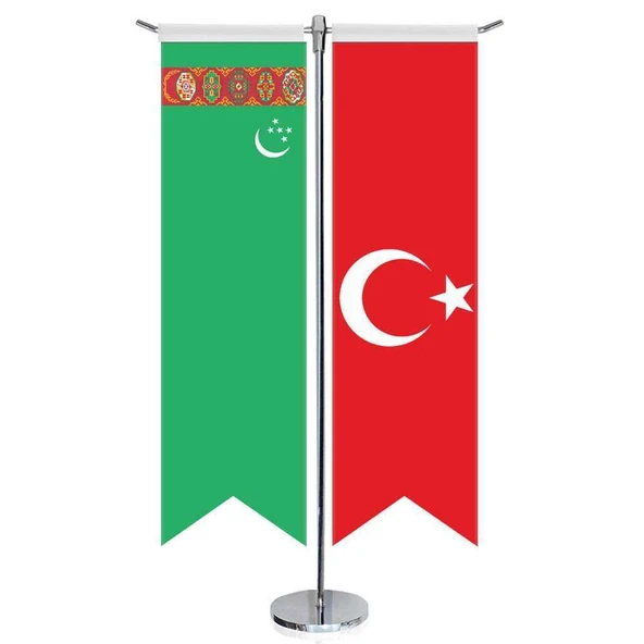 Türkmenistan Cumhuriyeti Bayrağı ve Türkiye - Kırlangıç - Saten T direk 2li Masa Bayrağı ürün görseli 1