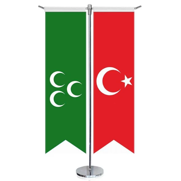 Yeşil Üç Hilal ve Türkiye - Kırlangıç - Saten T direk 2li Masa Bayrağı ürün görseli 1
