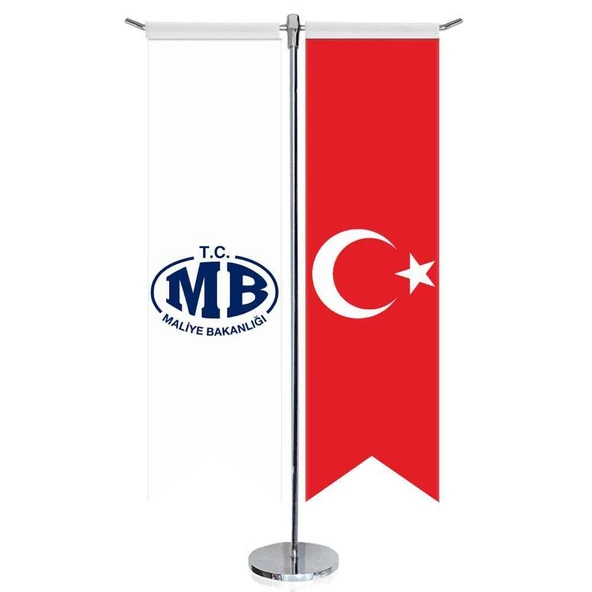 TC Maliye Bakanlığı ve Türkiye - Kırlangıç - Saten T direk 2li Masa Bayrağı ürün görseli 1