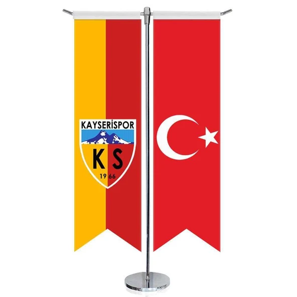 Kayserispor -KS - 1966 ve Türkiye - Kırlangıç - Saten T direk 2li Masa Bayrağı ürün görseli 1