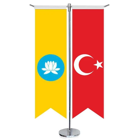 Kalmukya Cumhuriyeti Bayrağı ve Türkiye - Kırlangıç - Saten T direk 2li Masa Bayrağı ürün görseli 1