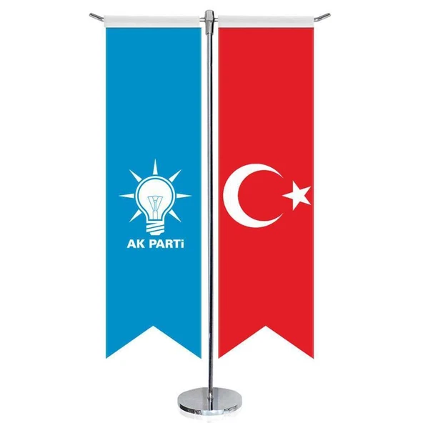 Mavi AkParti (AKP) Bayrağı ve Türkiye - Kırlangıç - Saten T direk 2li Masa Bayrağı ürün görseli 1