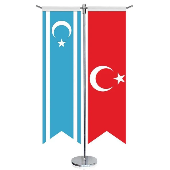 Irak Türkmenleri Cumhuriyeti Bayrağı ve Türkiye - Kırlangıç - Saten T direk 2li Masa Bayrağı ürün görseli 1