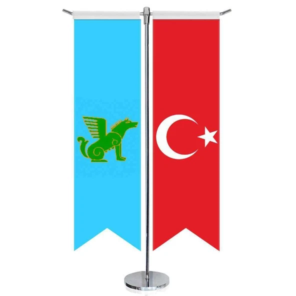 Nogay, Nogaylılar Bayrağı ve Türkiye -Kırlangıç - Saten T direk 2li Masa Bayrağı ürün görseli 1