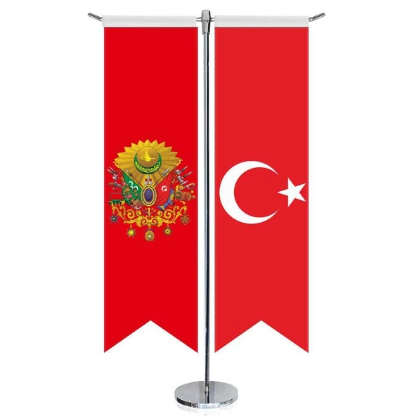 Kırmızı Osmanlı Arması Bayrağı ve Türkiye - Kırlangıç - Saten T direk 2li Masa Bayrağı ürün görseli 1