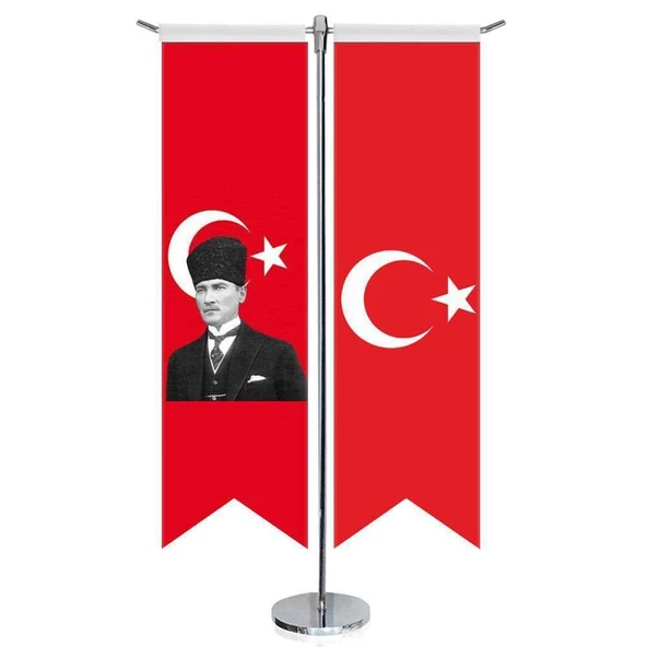 Atatürk - Ay Yıldız -Türk Bayrağı ve Türkiye - Kırlangıç - Saten T direk 2li Masa Bayrağı ürün görseli 1